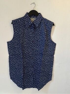 Rosettes Sleeveless Button Shirt Blue White Star Cotton Women M Made in Nepal